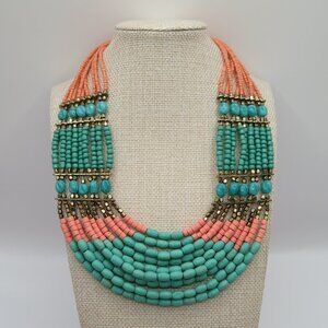 Turquoise and Coral Color Beaded Multi Strand Necklace